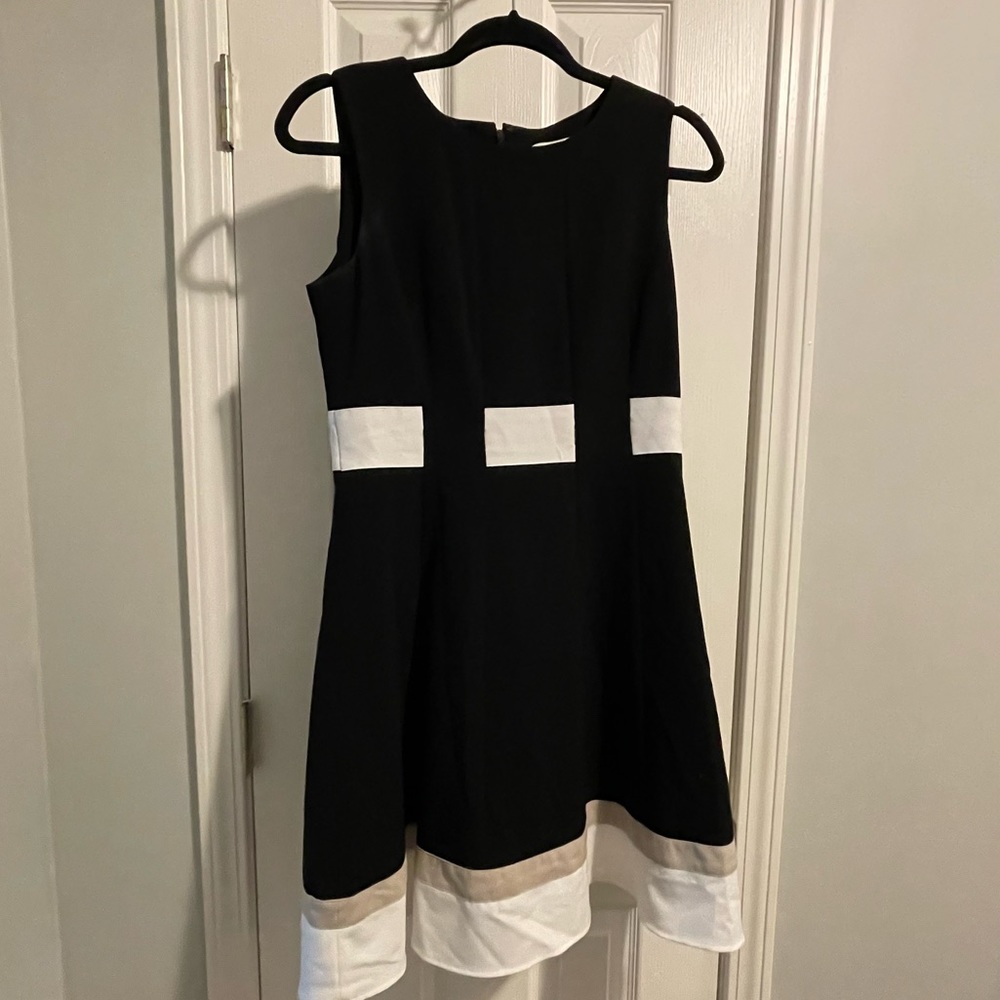 Calvin Klein | Women’s Dress | Black White Tan | Stripe | Fit and Flare | Sz 8P